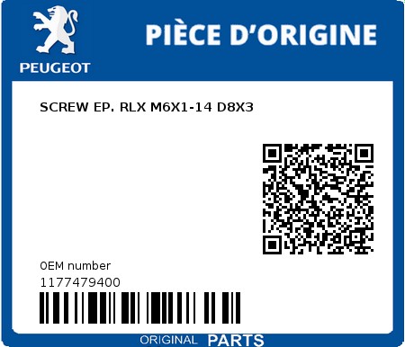 Product image: Peugeot - 1177479400 - SCREW EP. RLX M6X1-14 D8X3  0