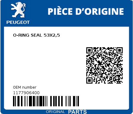 Product image: Peugeot - 1177906400 - O-RING SEAL 53X2,5  0