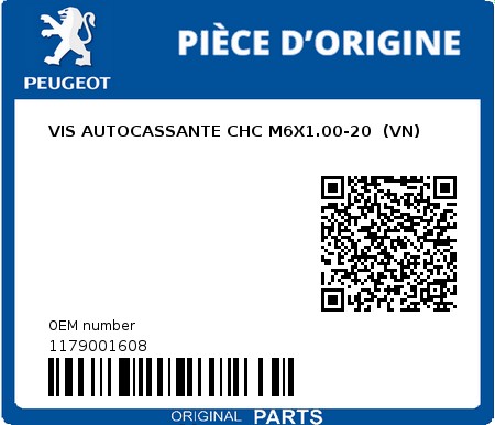 Product image: Peugeot - 1179001608 - VIS AUTOCASSANTE CHC M6X1.00-20  (VN)  0