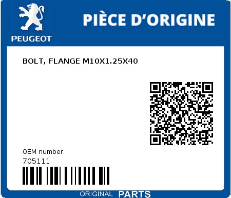 Product image: Peugeot - 705111 - BOLT, FLANGE M10X1.25X40  0