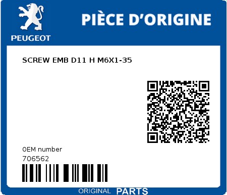 Product image: Peugeot - 706562 - SCREW EMB D11 H M6X1-35 