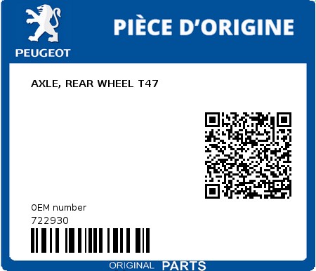 Product image: Peugeot - 722930 - AXLE, REAR WHEEL T47  0