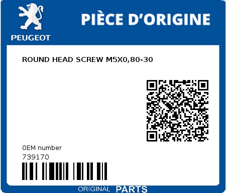 Product image: Peugeot - 739170 - ROUND HEAD SCREW M5X0,80-30  0
