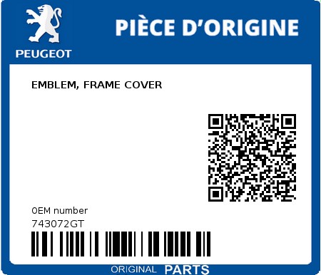 Product image: Peugeot - 743072GT - EMBLEM, FRAME COVER  0