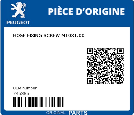 Product image: Peugeot - 745365 - HOSE FIXING SCREW M10X1.00  0