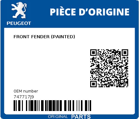 Product image: Peugeot - 747717J9 - FRONT FENDER (PAINTED)  0