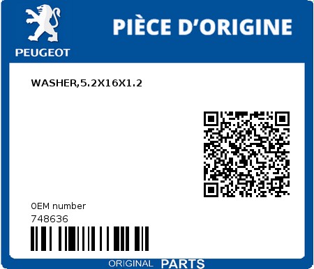 Product image: Peugeot - 748636 - WASHER,5.2X16X1.2  0