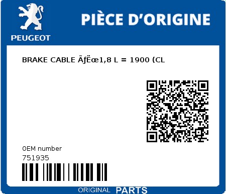 Product image: Peugeot - 751935 - BRAKE CABLE ÃƒËœ1,8 L = 1900 (CL  0