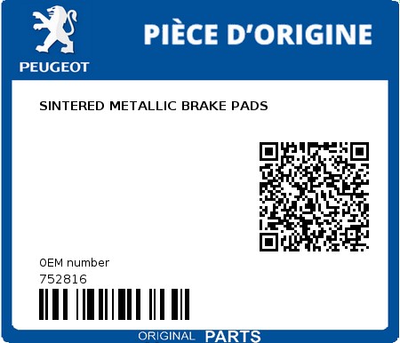 Product image: Peugeot - 752816 - SINTERED METALLIC BRAKE PADS 