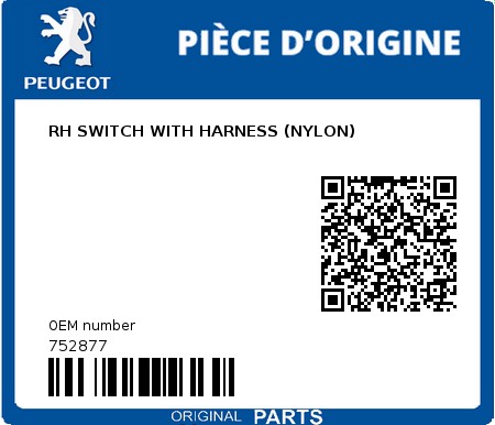 Product image: Peugeot - 752877 - RH SWITCH WITH HARNESS (NYLON) 