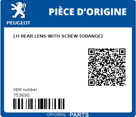 Product image: Peugeot - 753690 - LH REAR LENS WITH SCREW (ORANGE) 