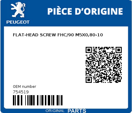 Product image: Peugeot - 754519 - FLAT-HEAD SCREW FHC/90 M5X0,80-10  0