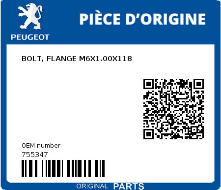Product image: Peugeot - 755347 - BOLT, FLANGE M6X1.00X118  0