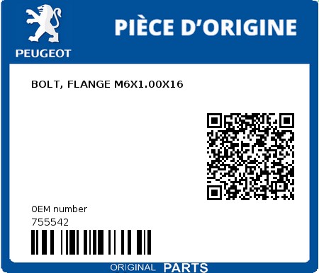 Product image: Peugeot - 755542 - BOLT, FLANGE M6X1.00X16  0