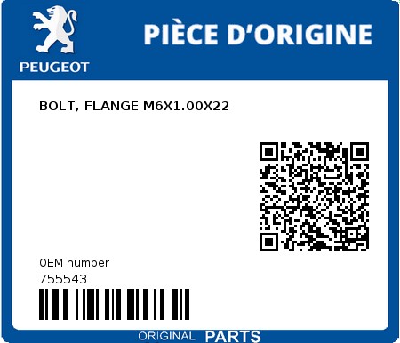 Product image: Peugeot - 755543 - BOLT, FLANGE M6X1.00X22  0