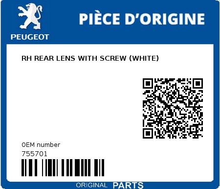 Product image: Peugeot - 755701 - RH REAR LENS WITH SCREW (WHITE) 