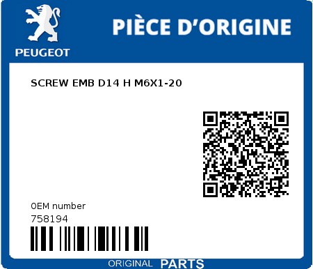 Product image: Peugeot - 758194 - SCREW EMB D14 H M6X1-20  0