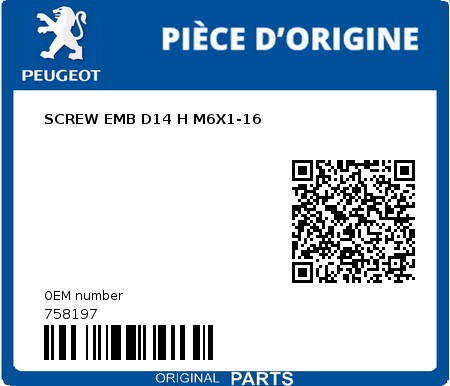 Product image: Peugeot - 758197 - SCREW EMB D14 H M6X1-16  0