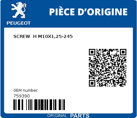 Product image: Peugeot - 759390 - SCREW  H M10X1,25-245  0