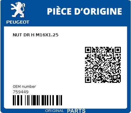Product image: Peugeot - 759449 - NUT DR H M16X1.25  0