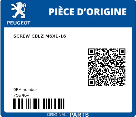 Product image: Peugeot - 759464 - SCREW CBLZ M6X1-16  0