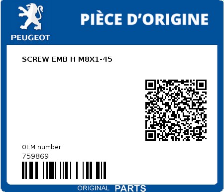 Product image: Peugeot - 759869 - SCREW EMB H M8X1-45  0