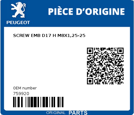 Product image: Peugeot - 759920 - SCREW EMB D17 H M8X1,25-25 