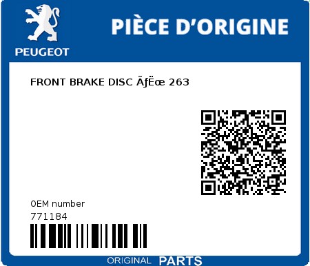 Product image: Peugeot - 771184 - FRONT BRAKE DISC ÃƒËœ 263  0