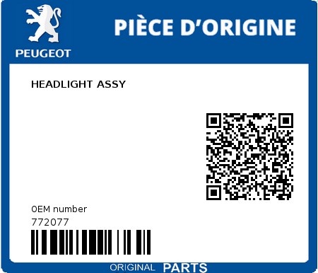 Product image: Peugeot - 772077 - HEADLIGHT ASSY  0