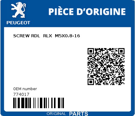Product image: Peugeot - 774017 - SCREW RDL  RLX  M5X0.8-16  0