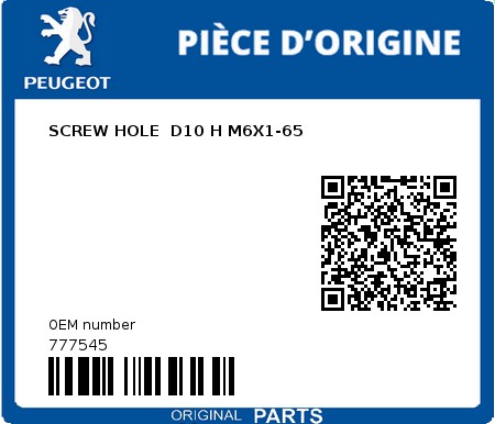 Product image: Peugeot - 777545 - SCREW HOLE  D10 H M6X1-65  0