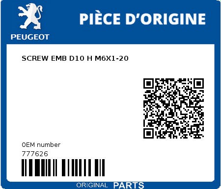 Product image: Peugeot - 777626 - SCREW EMB D10 H M6X1-20  0