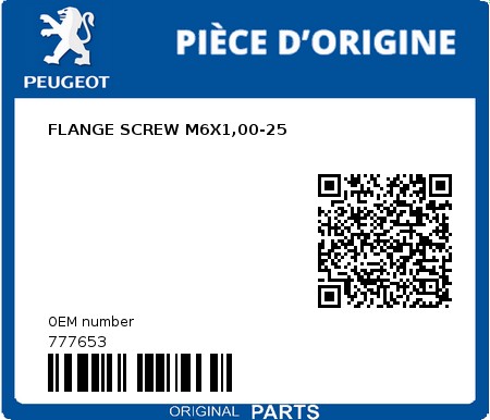 Product image: Peugeot - 777653 - FLANGE SCREW M6X1,00-25  0