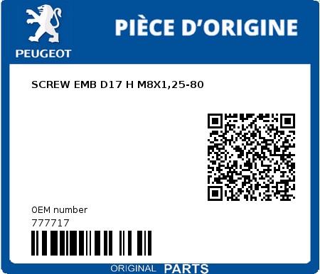 Product image: Peugeot - 777717 - SCREW EMB D17 H M8X1,25-80  0