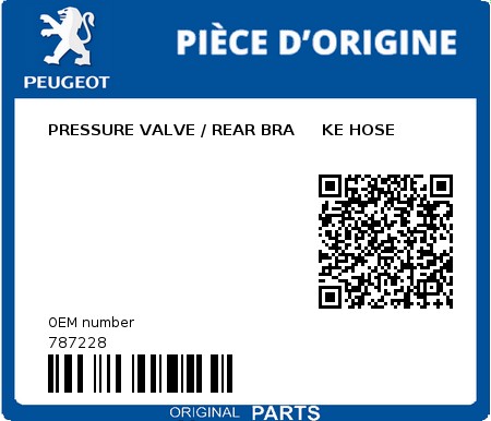 Product image: Peugeot - 787228 - PRESSURE VALVE / REAR BRA     KE HOSE 