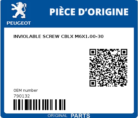 Product image: Peugeot - 790132 - INVIOLABLE SCREW CBLX M6X1.00-30  0