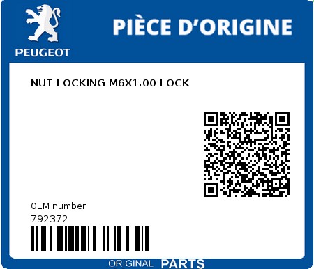 Product image: Peugeot - 792372 - NUT LOCKING M6X1.00 LOCK  0