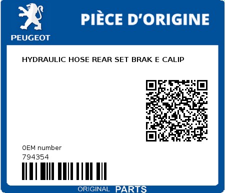 Product image: Peugeot - 794354 - HYDRAULIC HOSE REAR SET BRAK E CALIP  0