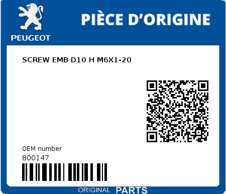 Product image: Peugeot - 800147 - SCREW EMB D10 H M6X1-20  0