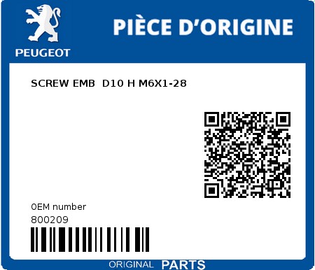 Product image: Peugeot - 800209 - SCREW EMB  D10 H M6X1-28  0