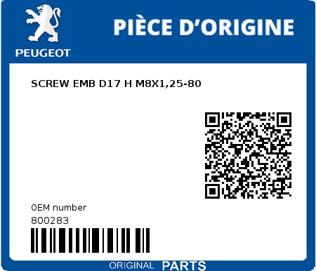 Product image: Peugeot - 800283 - SCREW EMB D17 H M8X1,25-80  0