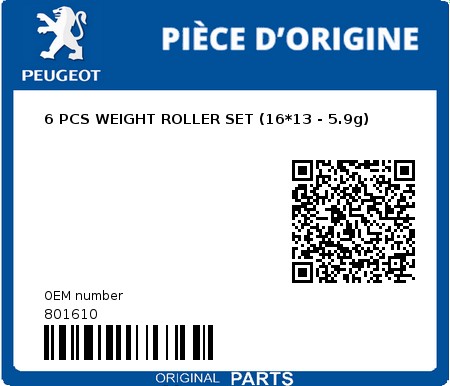 Product image: Peugeot - 801610 - 6 PCS WEIGHT ROLLER SET (16*13 - 5.9g)  0