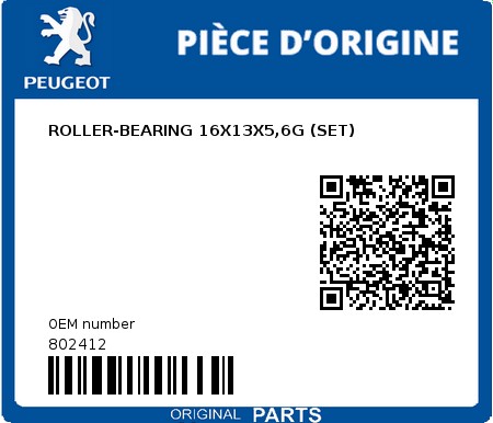 Product image: Peugeot - 802412 - ROLLER-BEARING 16X13X5,6G (SET)  0