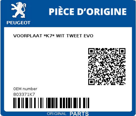 Product image: Peugeot - 803371K7 - VOORPLAAT *K7* WIT TWEET EVO  0