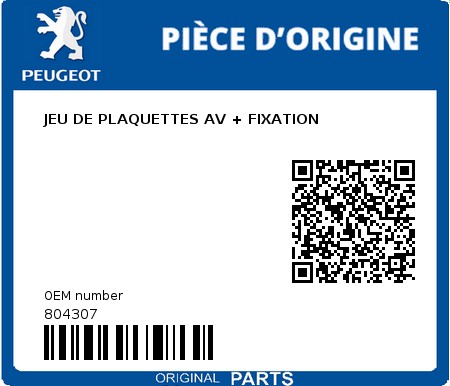 Product image: Peugeot - 804307 - JEU DE PLAQUETTES AV + FIXATION  0