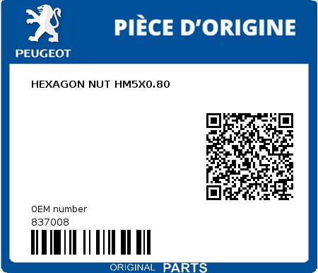 Product image: Peugeot - 837008 - HEXAGON NUT HM5X0.80  0