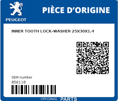 Product image: Peugeot - 856118 - INNER TOOTH LOCK-WASHER 25X30X1.4 