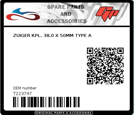 Product image: Tomos - T223747 - ZUIGER KPL. 38.0 X 50MM TYPE A  0