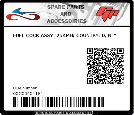 Product image: Derbi - 00G00401181 - FUEL COCK ASSY "25KMH; COUNTRY: D, NL"  