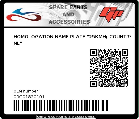 Product image: Derbi - 00G01820101 - HOMOLOGATION NAME PLATE "25KMH; COUNTRY: NL"   0